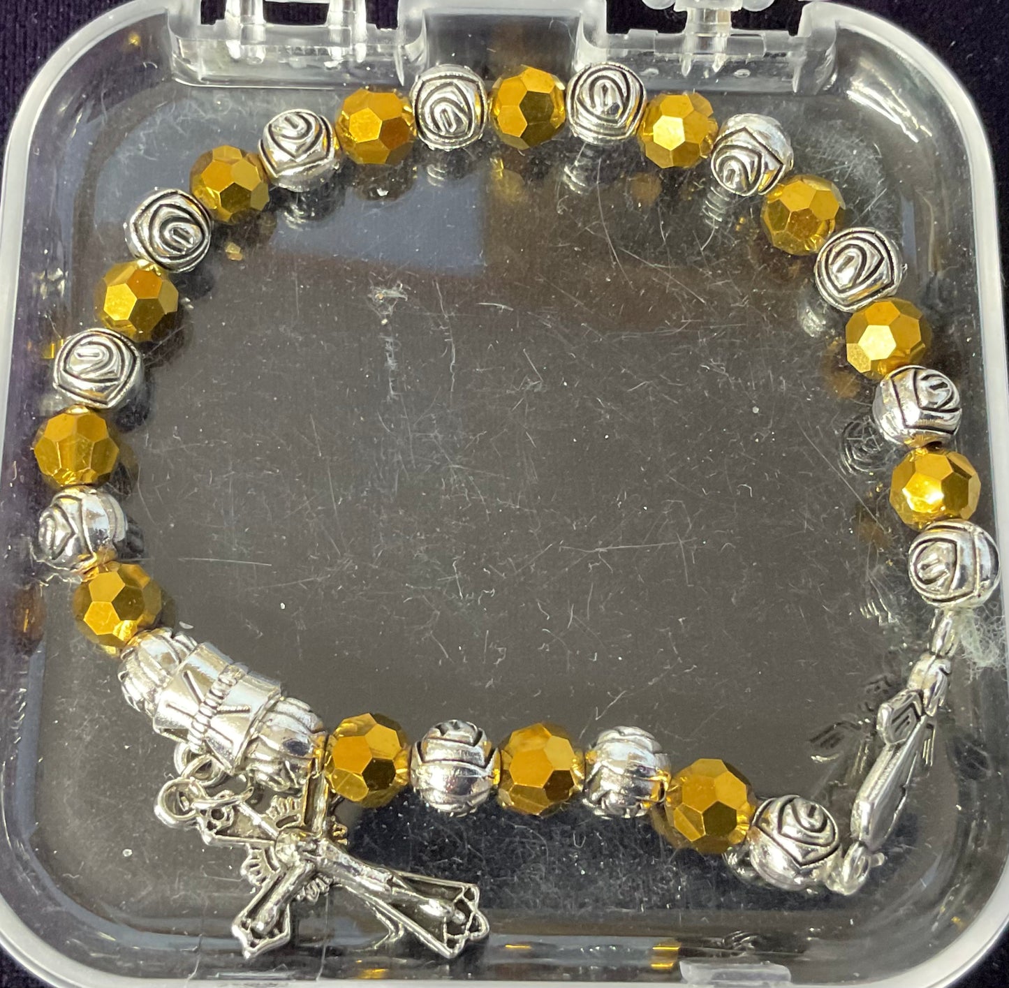 Amber and Silver Stretch Crucifix Bracelet
