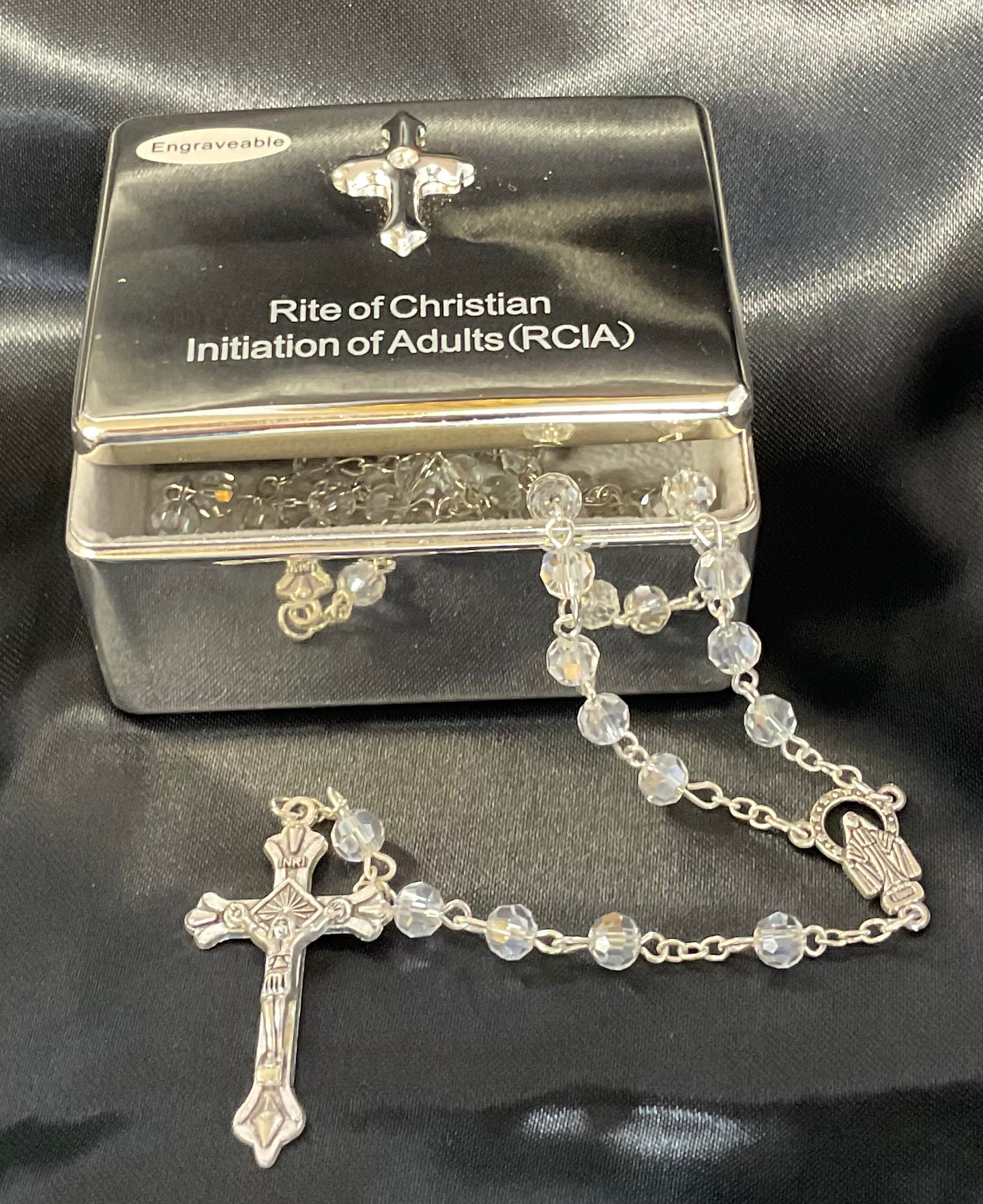 Crystal Rosary in Silver RCIA Box