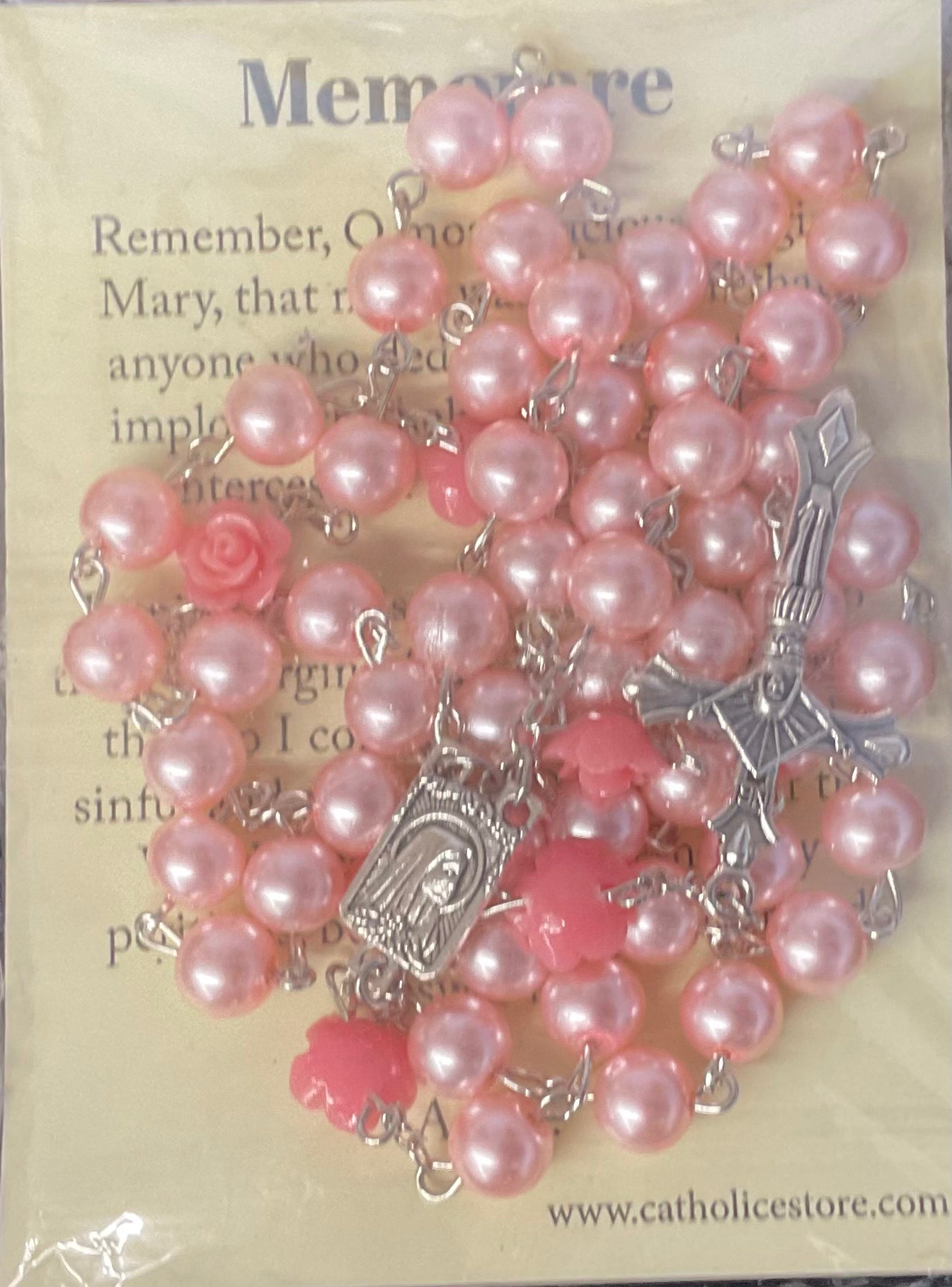 Pink Pearl Rosary with Rose Our Father Beads