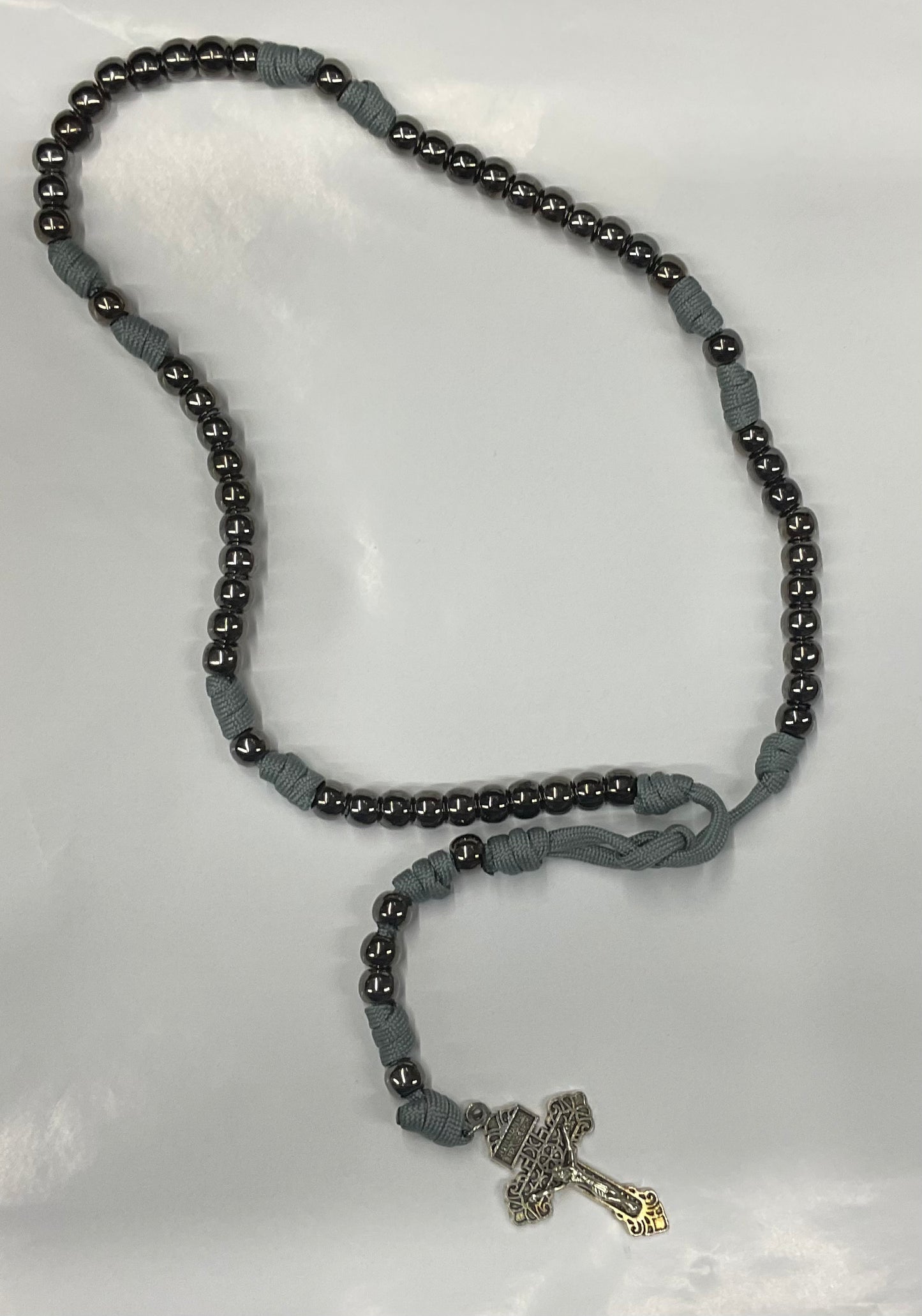 Silver Metal Bead Rosary with Gray Para Cord