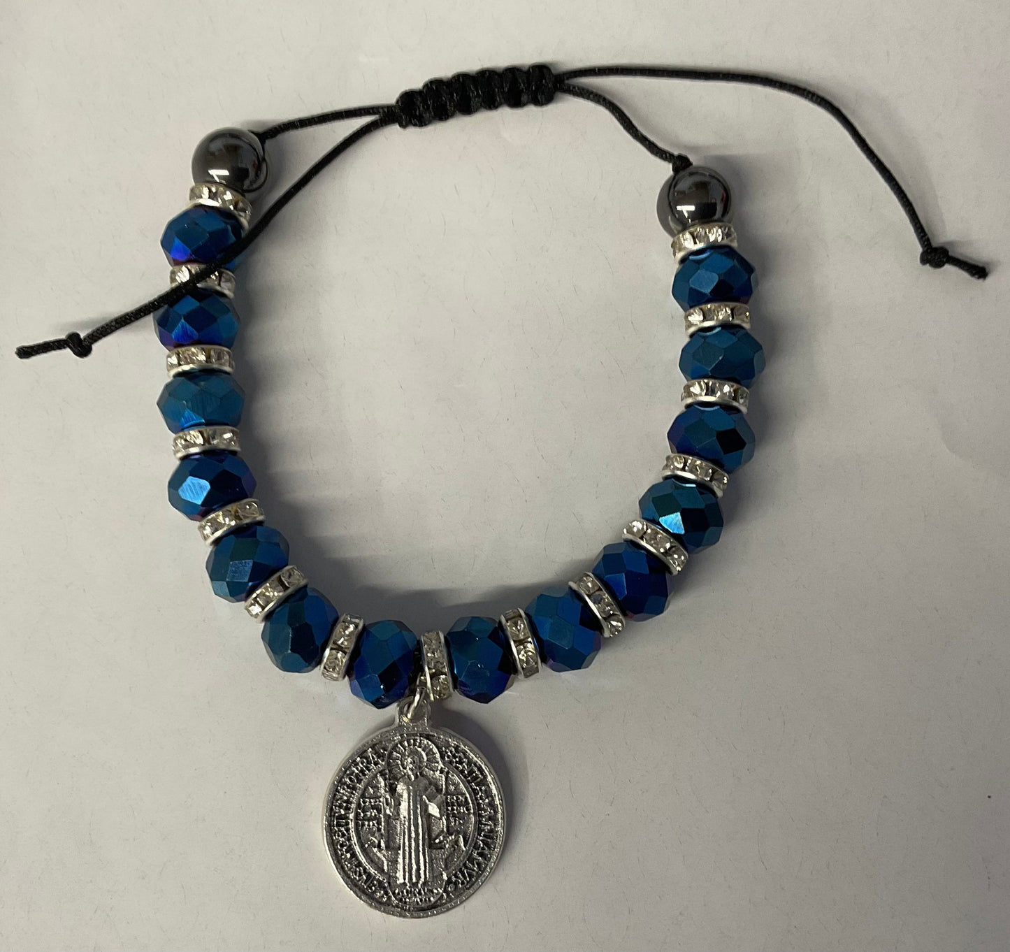 Montana Blue Crystal Bead Bracelet with St. Benedict Medal