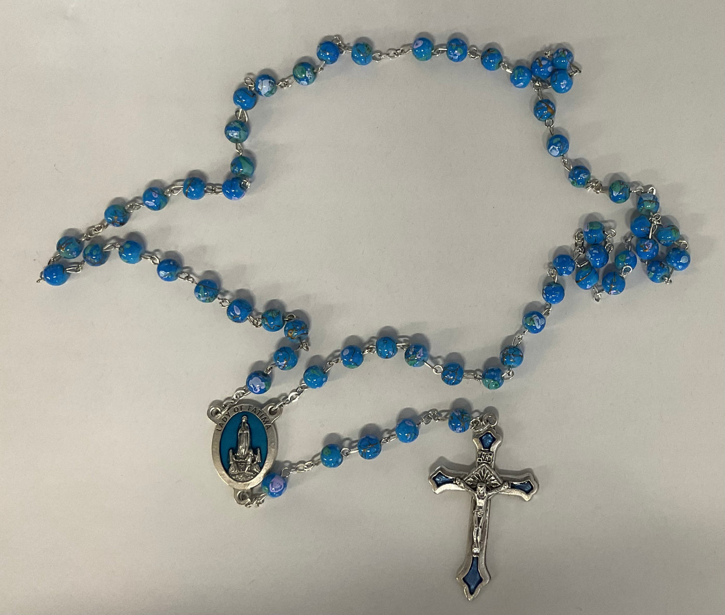 Blue Imitation Cloisonné Rosary with Blue Enamel Rosary Center and Crucifix