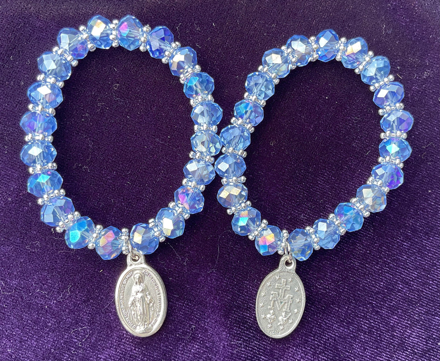 Sapphire Blue Crystal Stretch Bracelet with Miraculous Medal