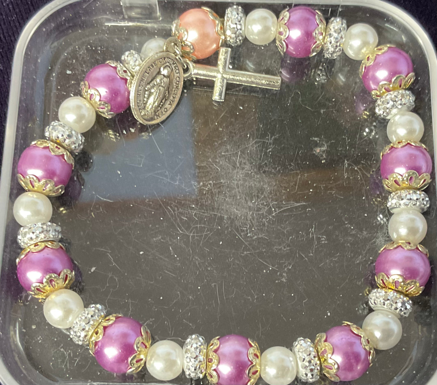 Lavender Pearl Stretch Miraculous Medal Bracelet