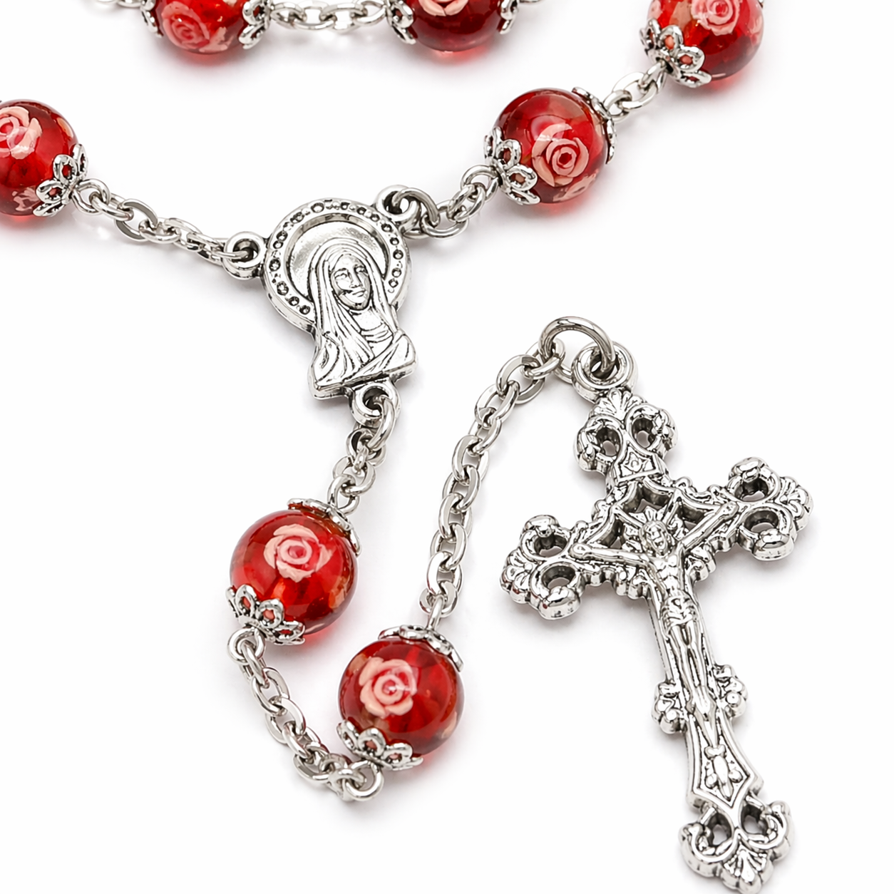 Red Crystal Auto Rosary with Painted Rose Beads