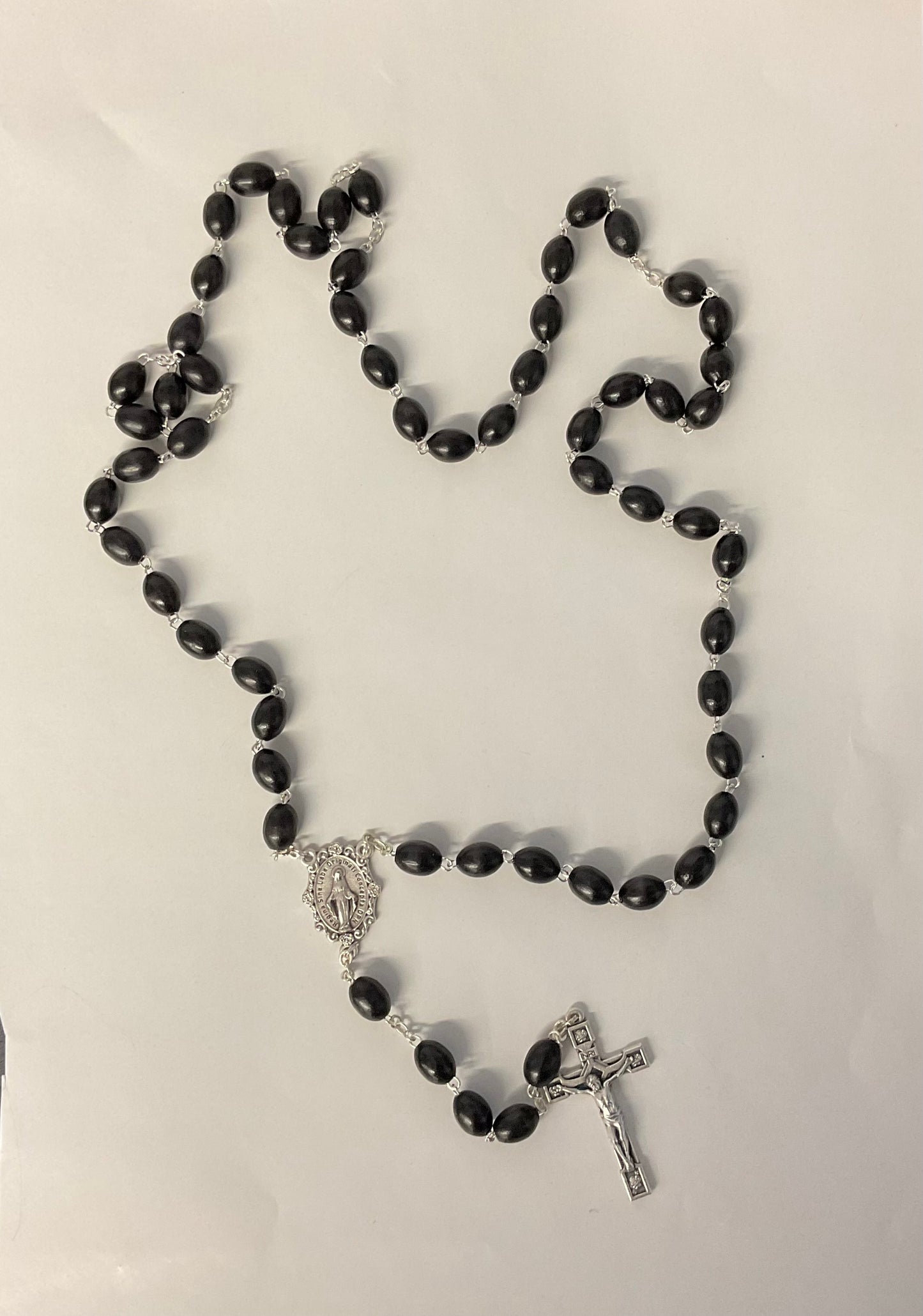 Black Wooden Bead Rosary with Miraculous Medal Center