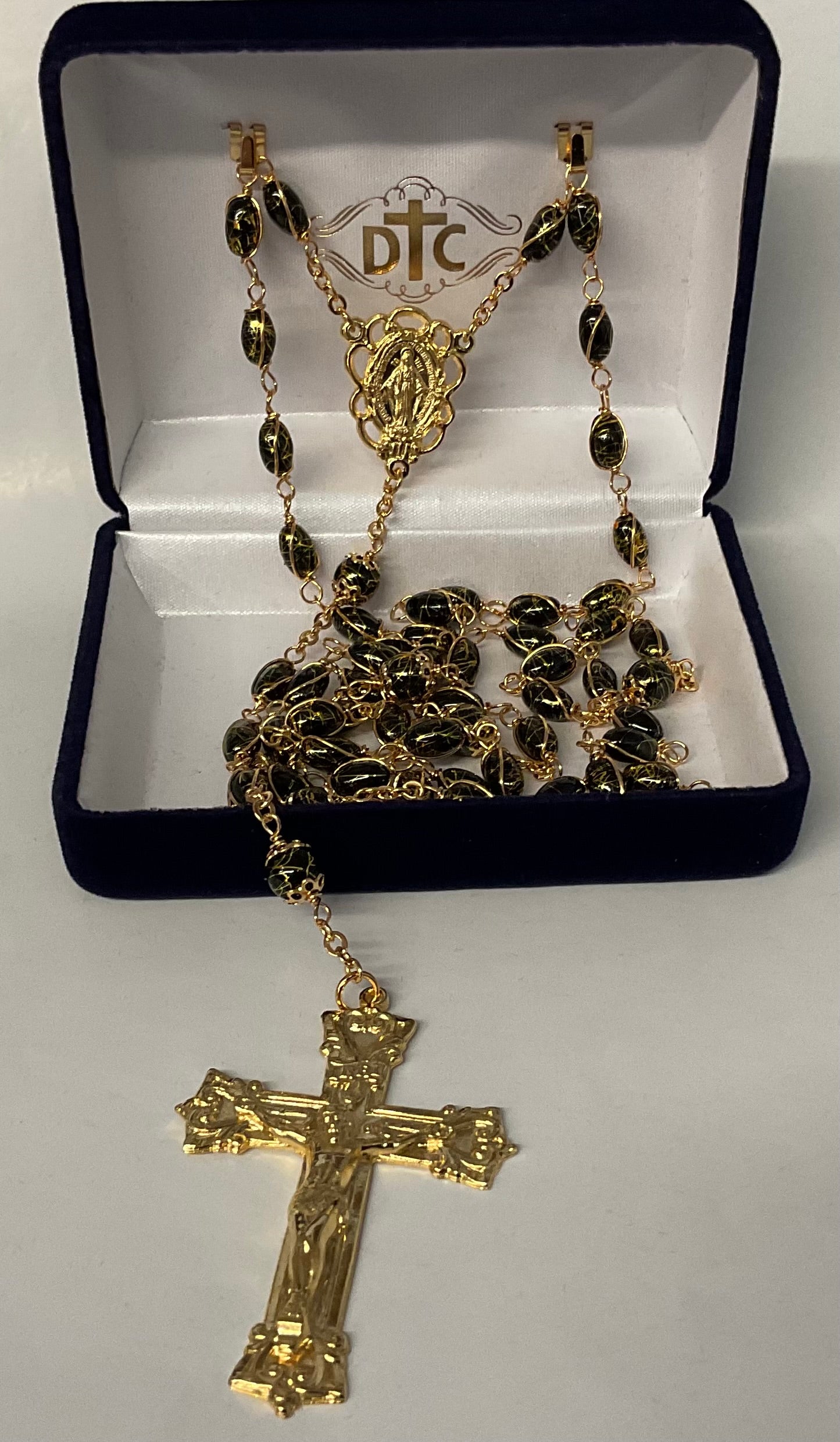 Black Glass Bead Rosary Gold Tone
