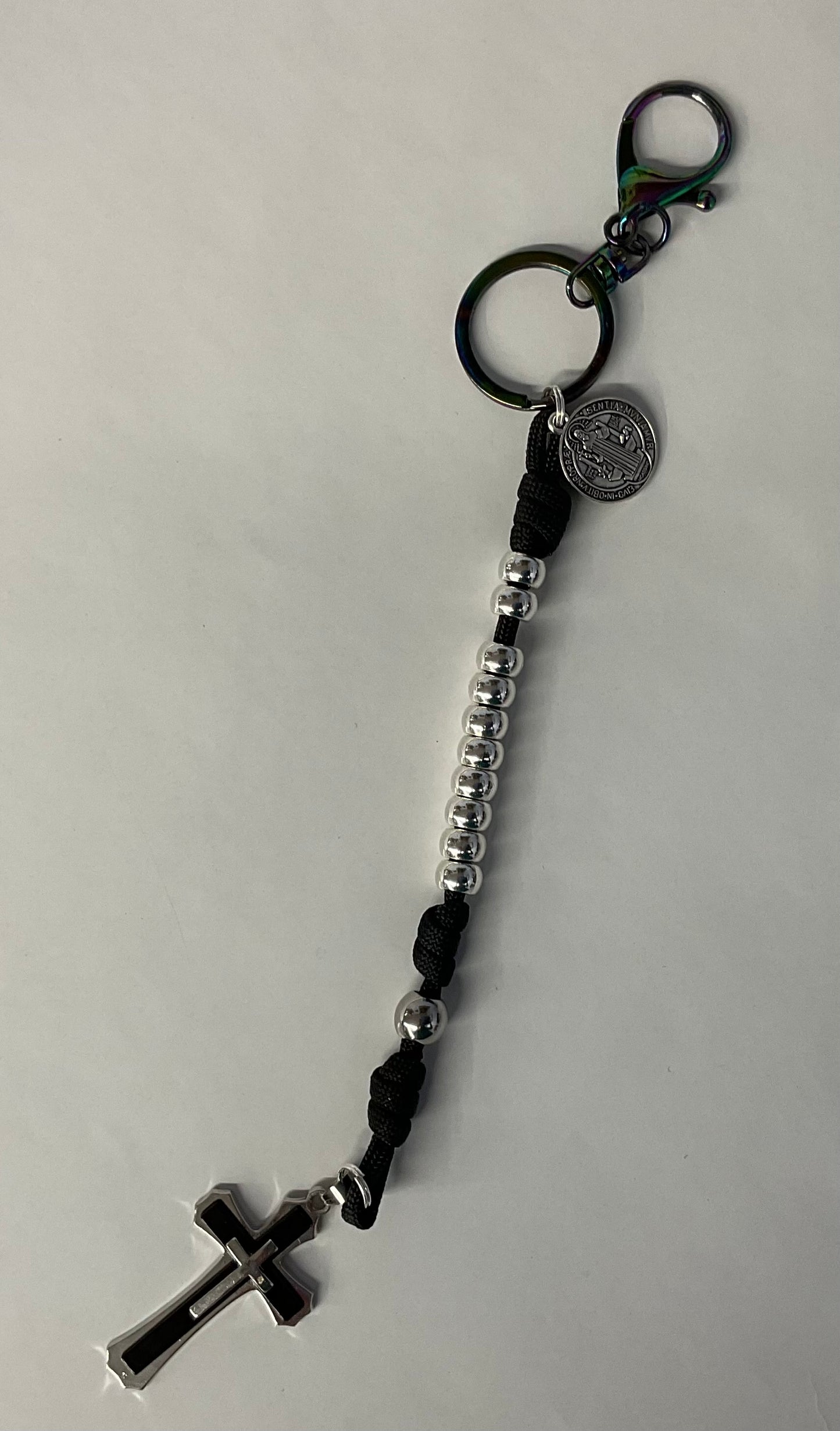 One Decade Silver Bead Black Para Cord Rosary