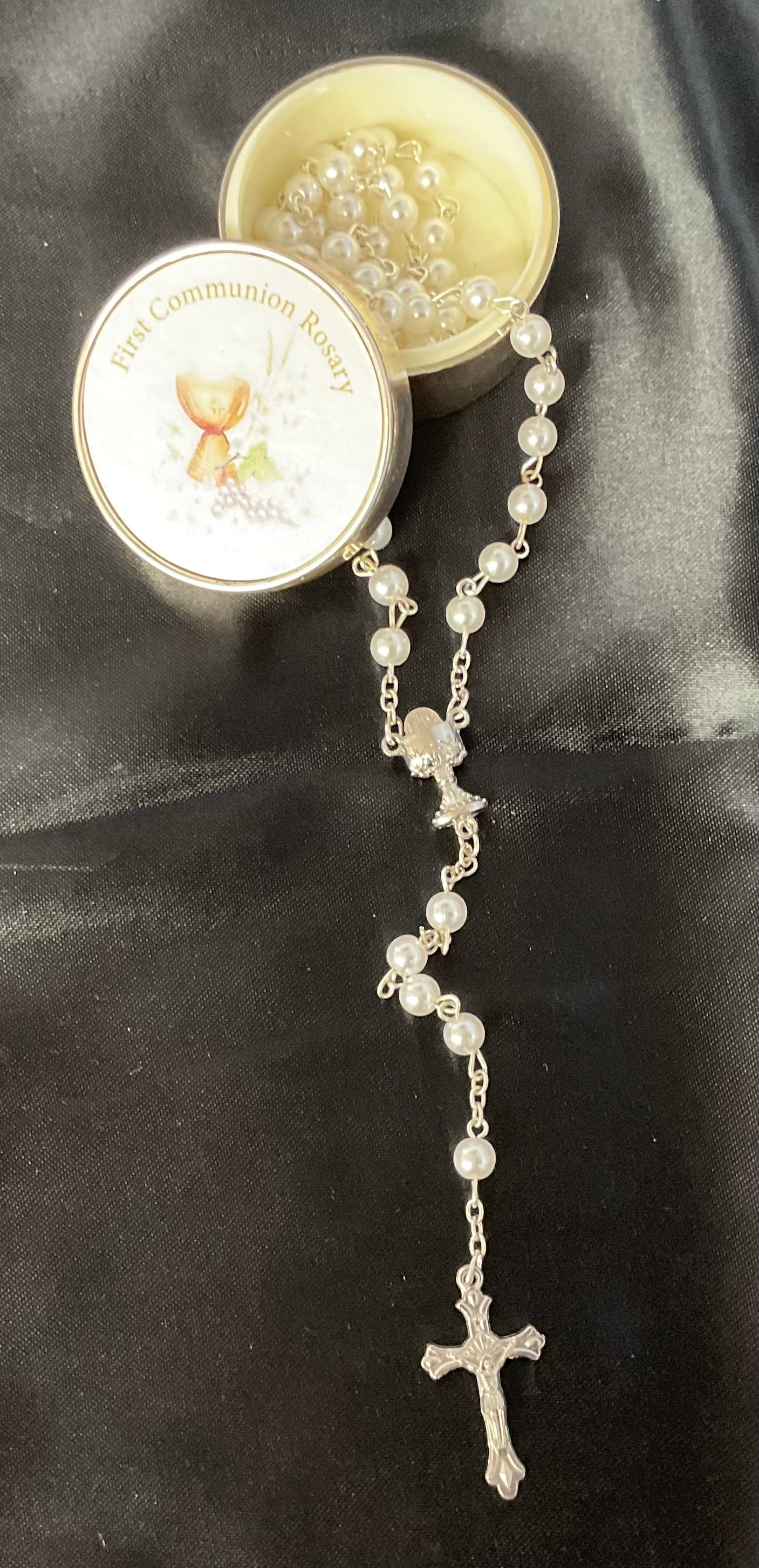 First Communion Pearl White Rosary with Silver Box