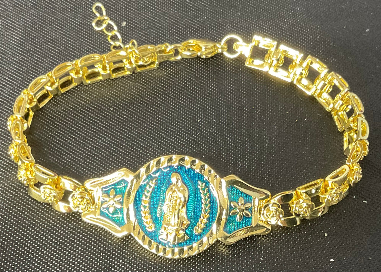 Our Lady of Guadalupe Teal Enamel Gold Filled Braclet