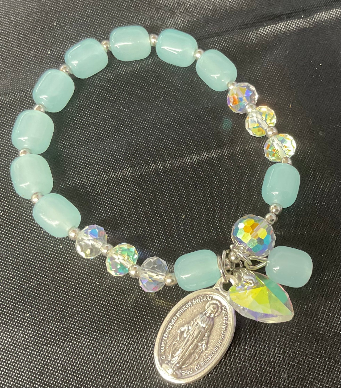 Milky Blue Stone Stretch Bracelet with Miraculous Medal