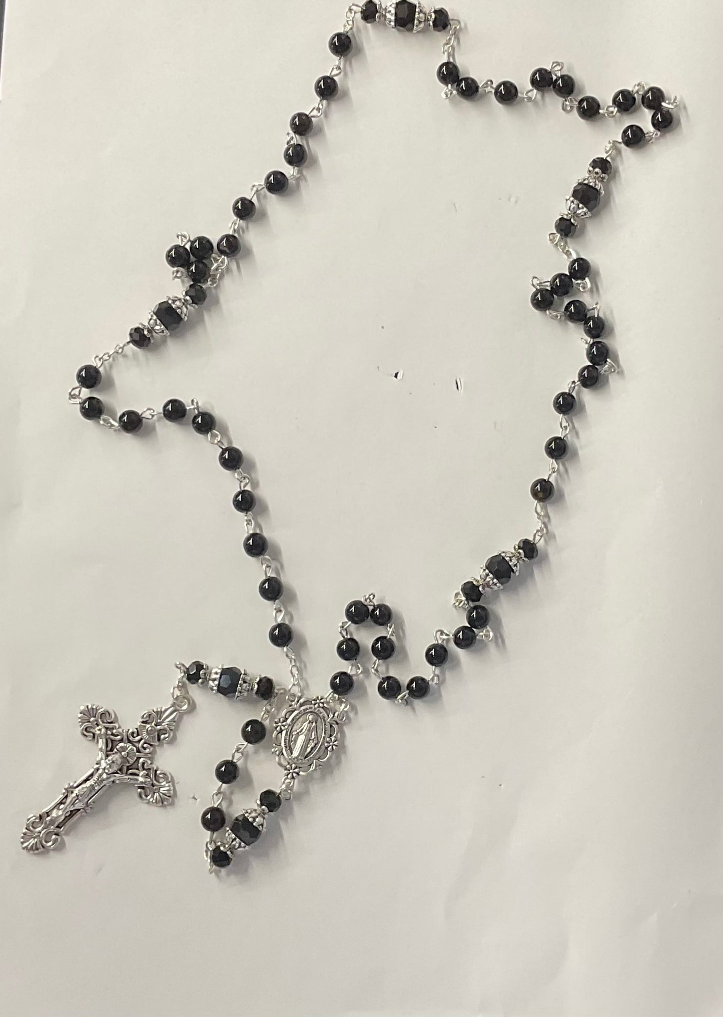 Jet Black Stone Rosary with Miraculous Medal Center