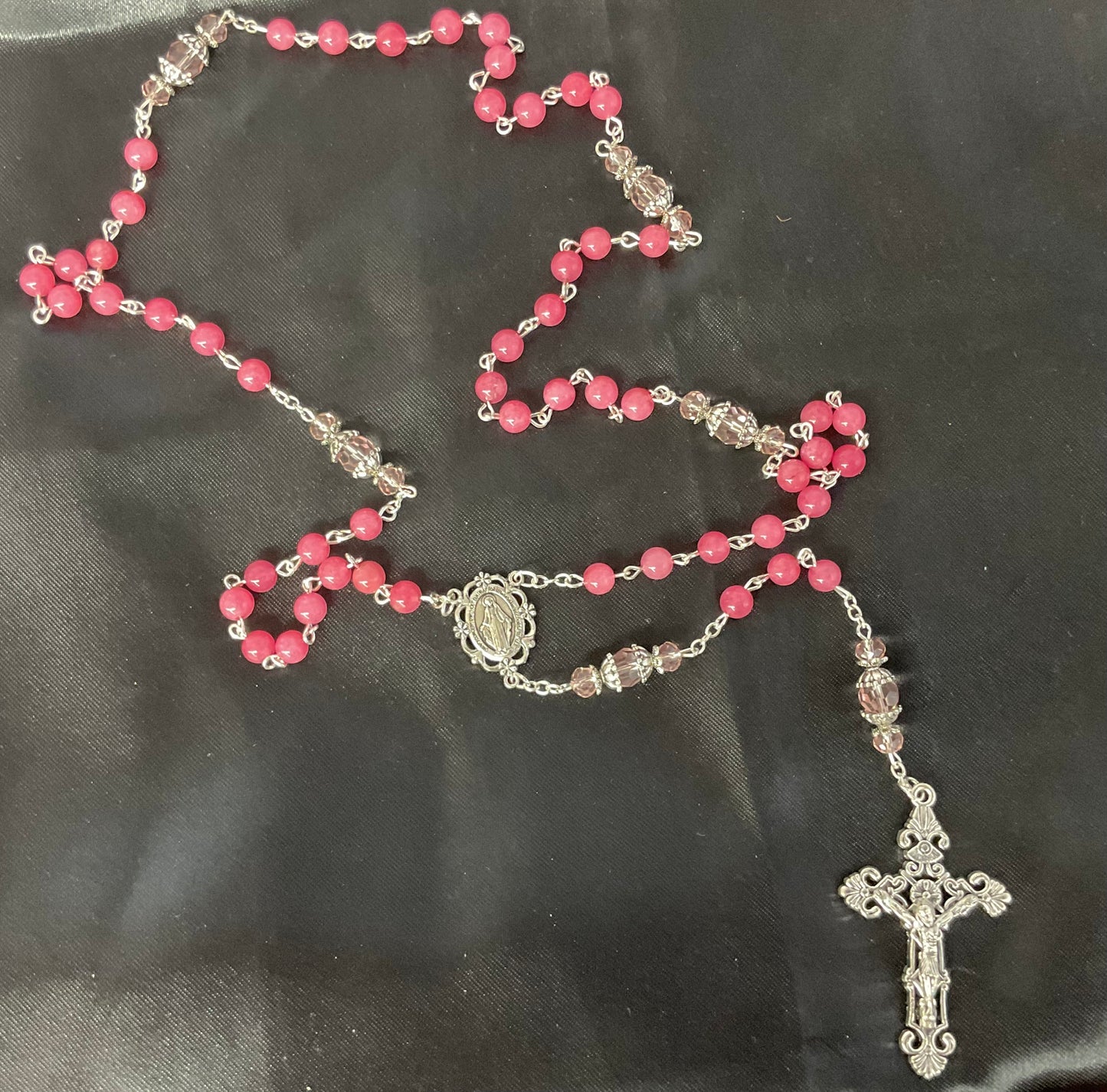 Pink Stone with Pink Crystal Our Father Beads Filigree Crucifix