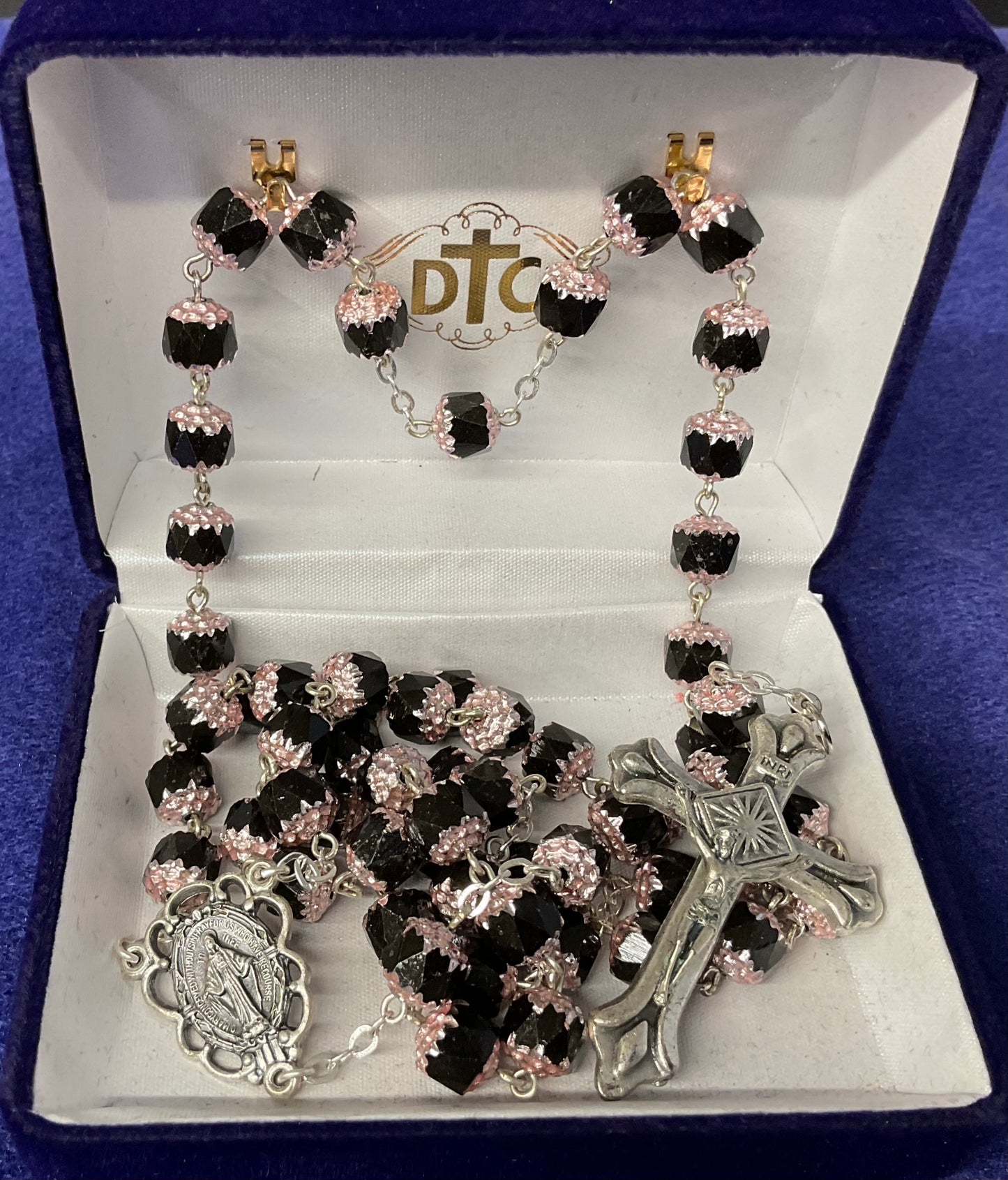 Black Cut Crystal Rosary with Rose Pink Caps