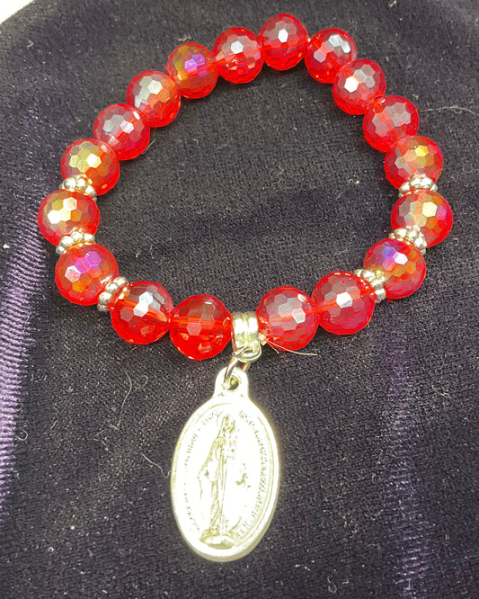 Red Crystal Stretch Bracelet with Miraculous Medal