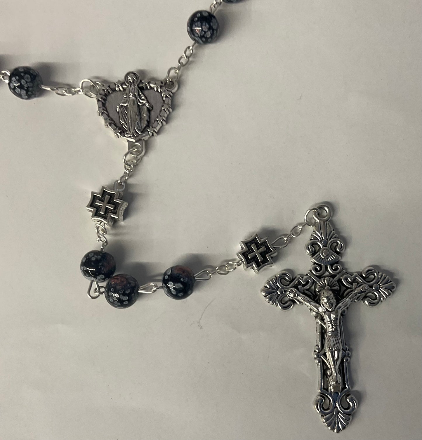 Black Glass Rosary with Silver Cross Our Father Beads