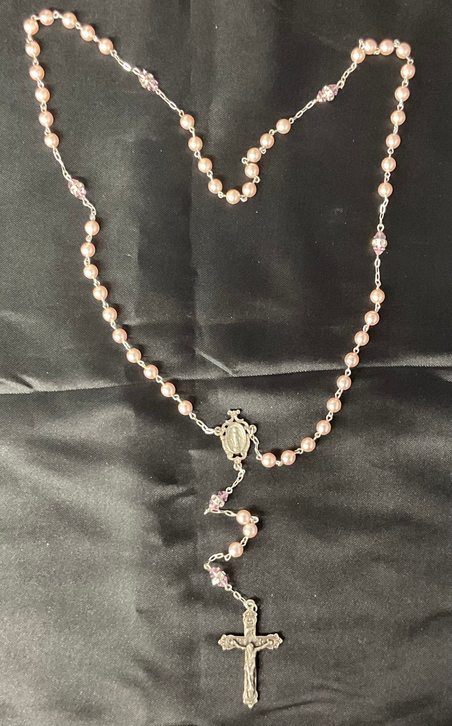 Pink Pearl Rosary with Pink Crystal Our Father Beads