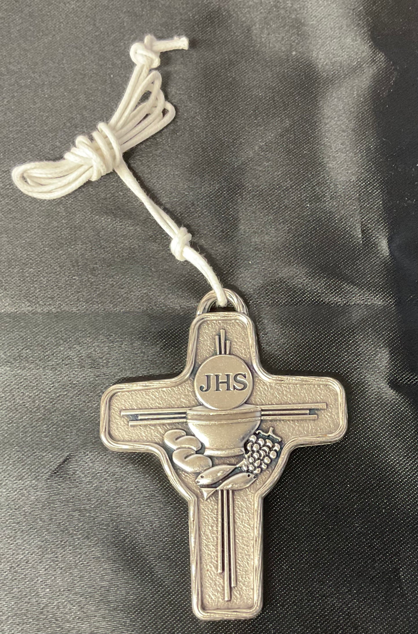 Silver JHS Cross on White Cord