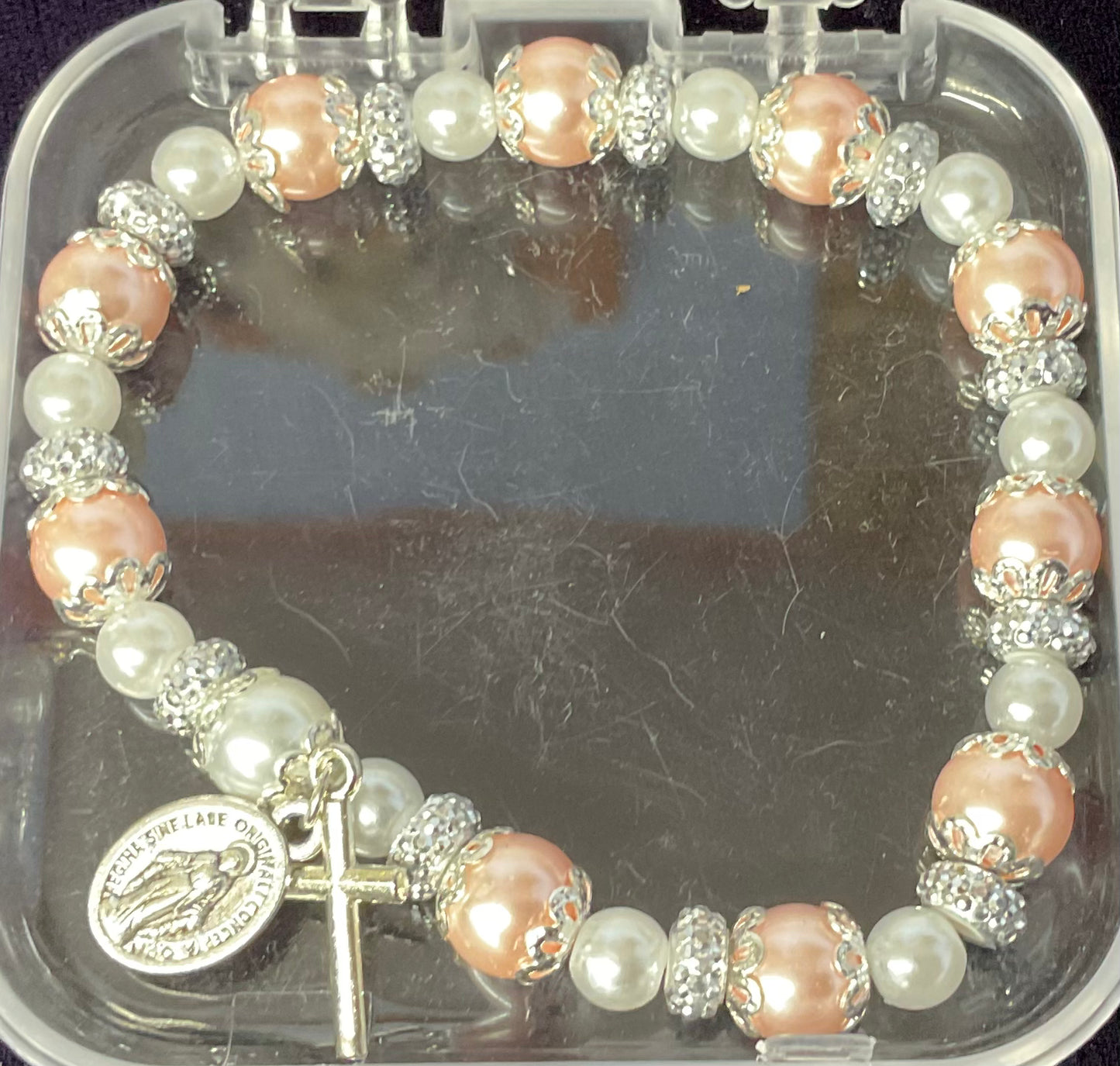Pink Pearl Stretch Miraculous Medal Braclet