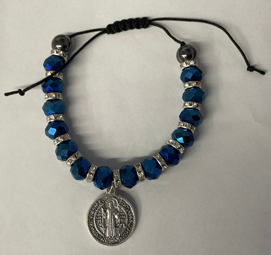 Montana Blue Crystal Bead Bracelet with St. Benedict Medal