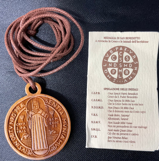 Laser Wood St. Benedict Medal on Cord