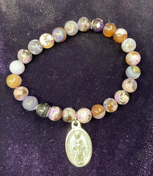 Amethyst Stone Stretch Bracelet with Miraculous Medal