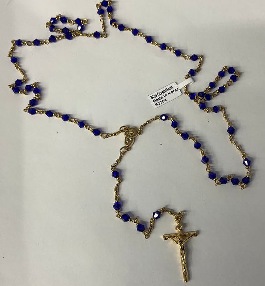 Royal Blue Crystal 4mm Bead Rosary Gold