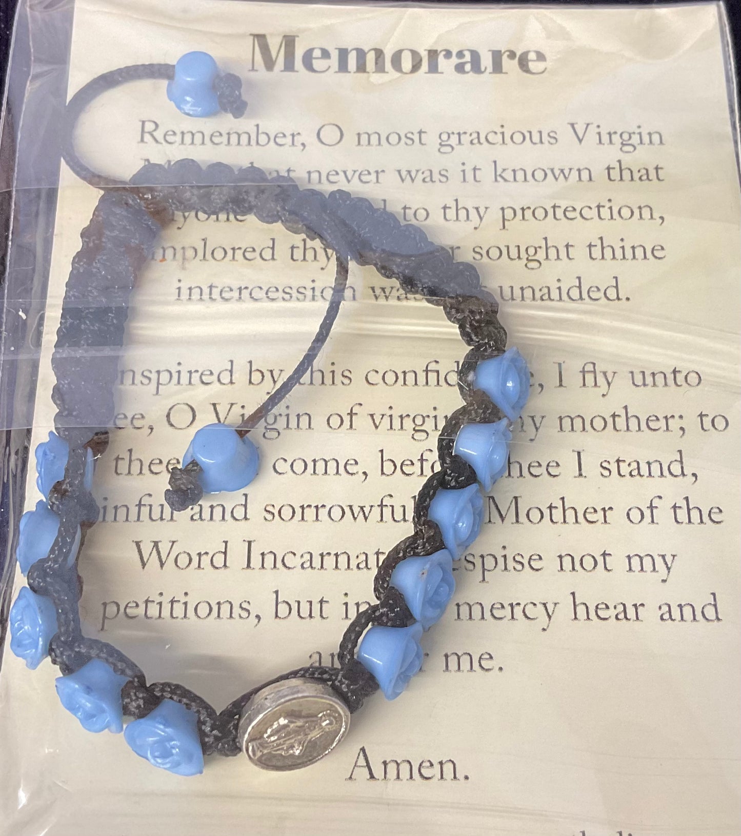 Black Cord Miraculous Medal with Blue Rose Beads Braclet