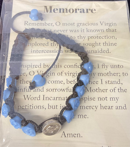 Black Cord Miraculous Medal with Blue Rose Beads Braclet