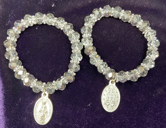 Grey Crystal Stretch Bracelet with Miraculous Medal