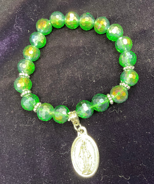 Green Crystal Stretch Bracelet with Miraculous Medal