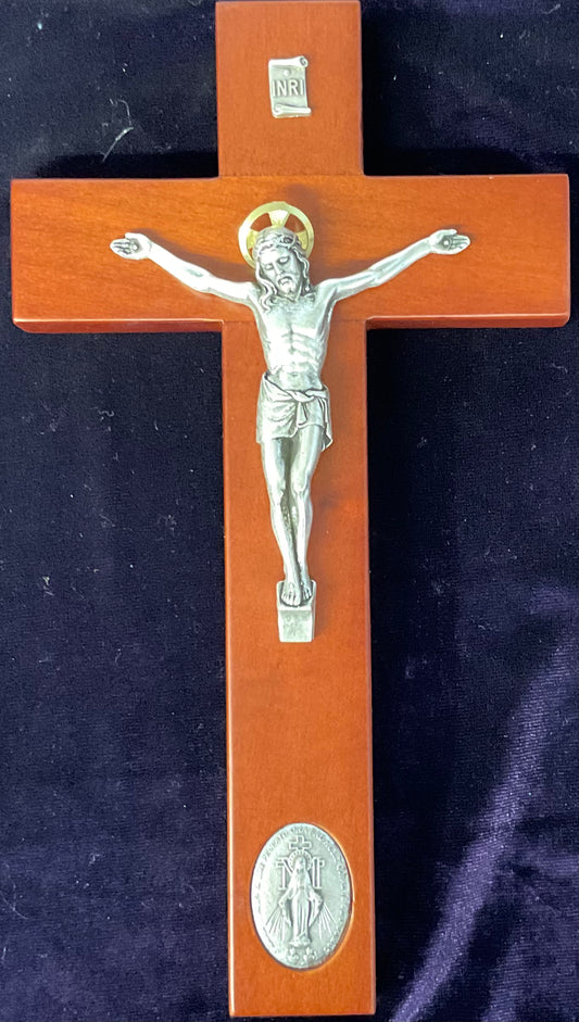 Rose Wood Crucifix with Silver Corpus and Miraculous Medal