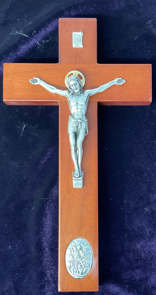 Rose Wood Crucifix with Silver Corpus & St. Michael Medal