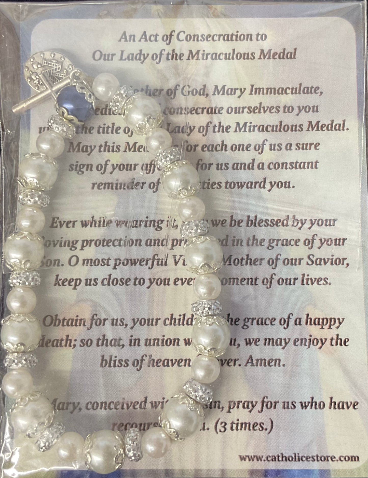White Pearl Stretch Miraculous Medal Bracelet