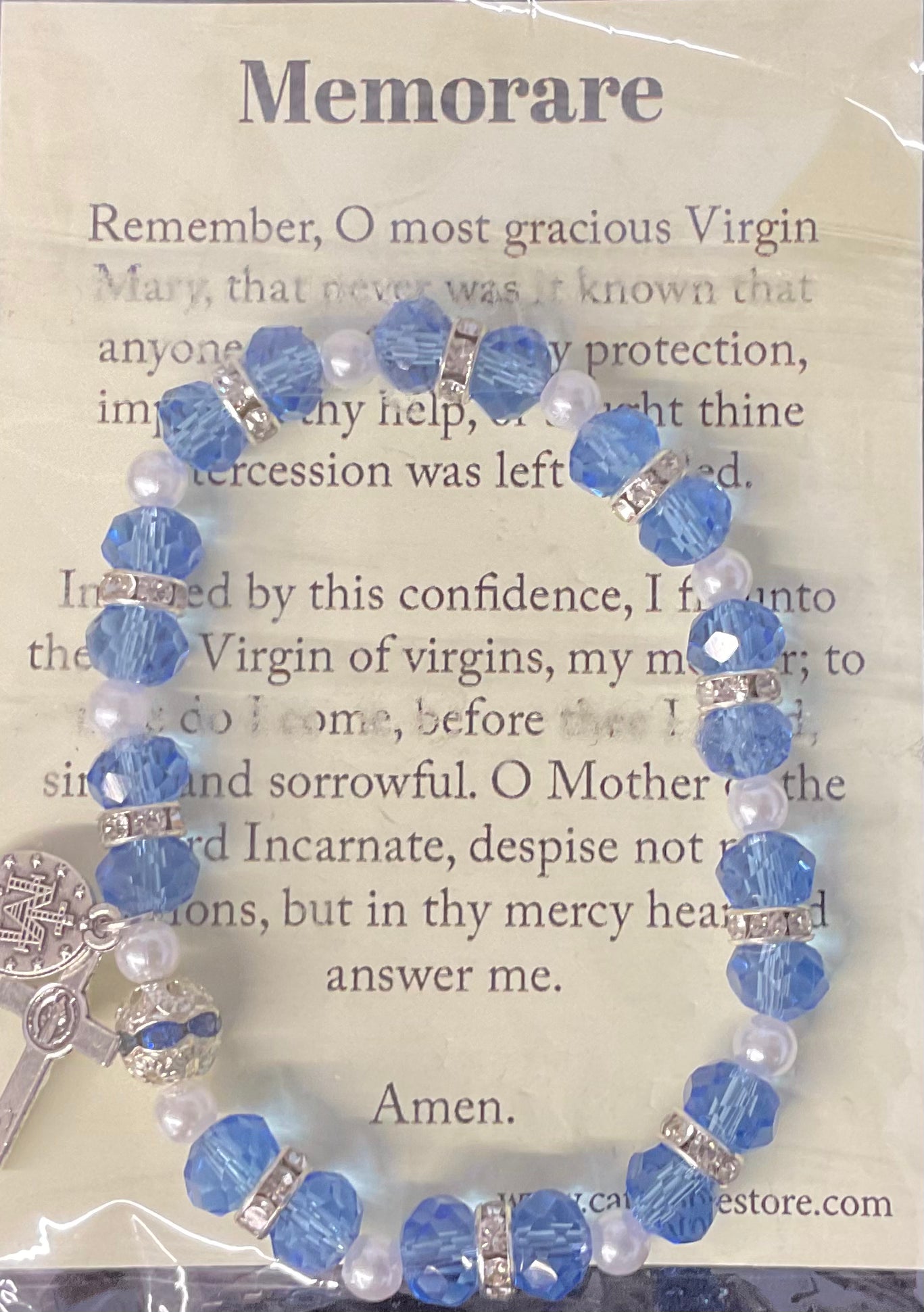 Blue Crystal Stretch Bracelet with Memorare Prayer Card