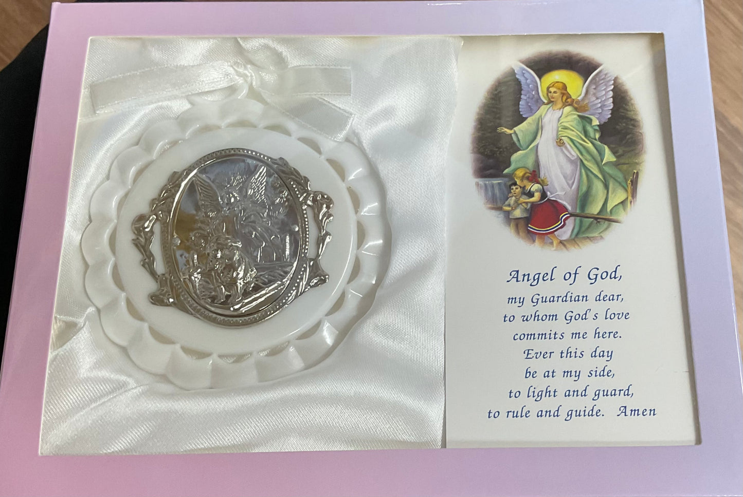 White Crib Medal with Guardian Angel Prayer Card