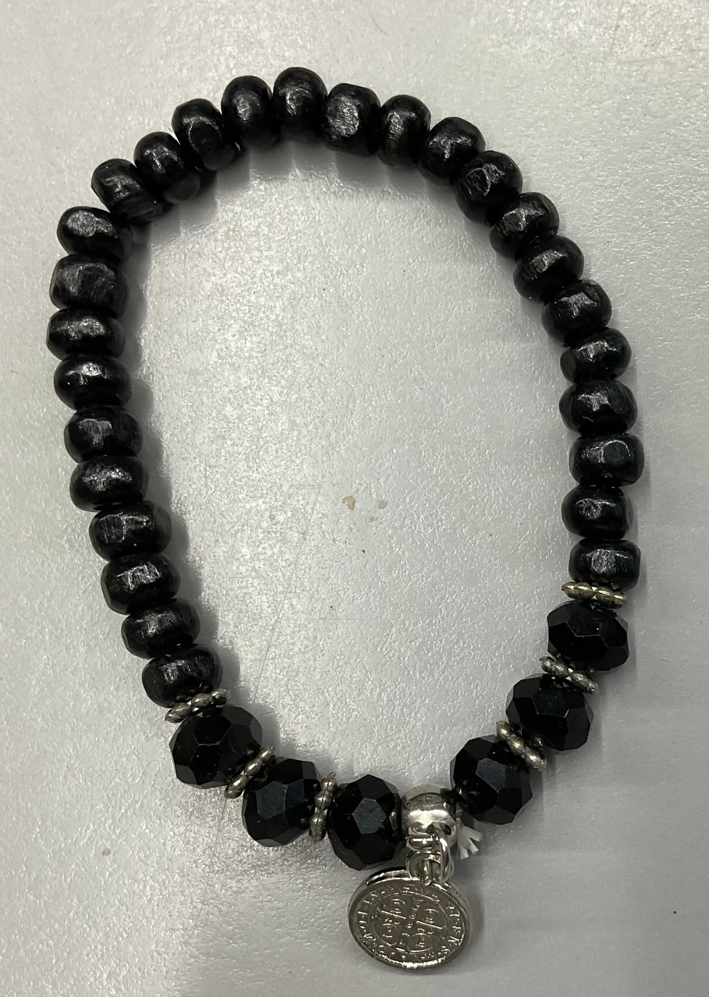 Black Wood and Crystal St. Benedict Stretch Bracelet