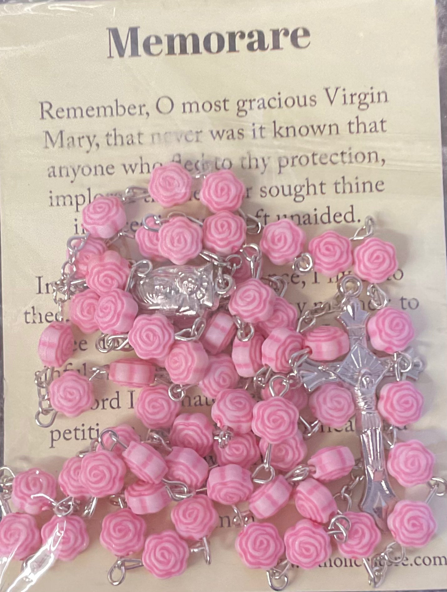 Pink Rose Bead Rosary with Memorare Prayer Card