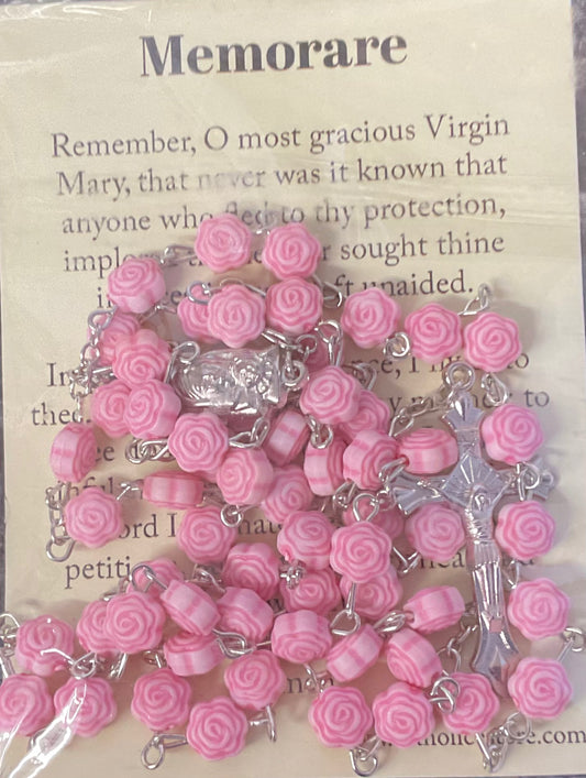 Pink Rose Bead Rosary with Memorare Prayer Card