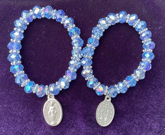 Sapphire Blue Crystal Stretch Bracelet with Miraculous Medal