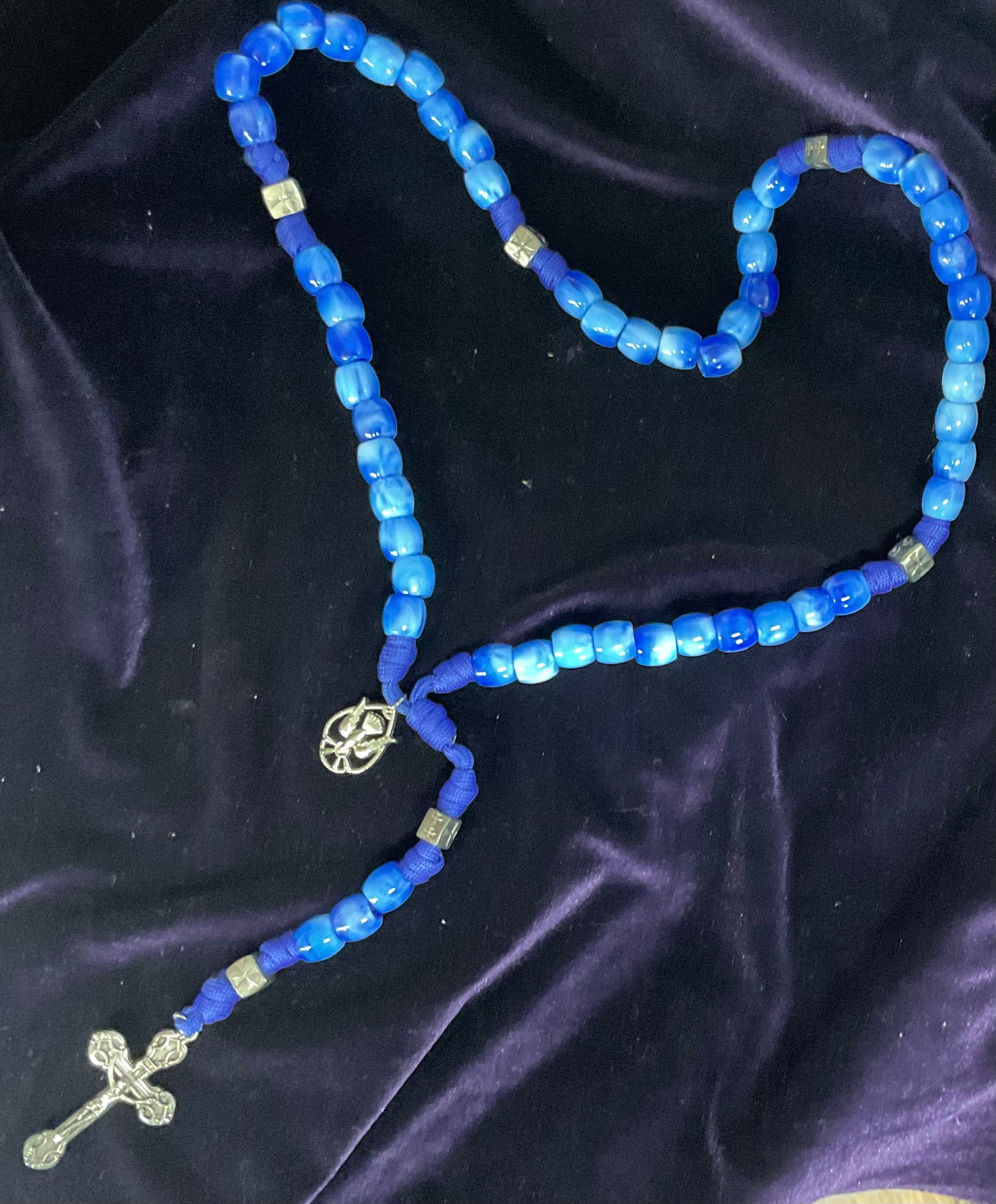 Sapphire Stone Cord Rosary with Holy Spirit
