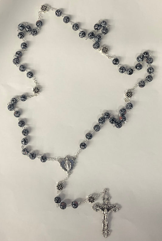Black Glass Rosary with Silver Cross Our Father Beads