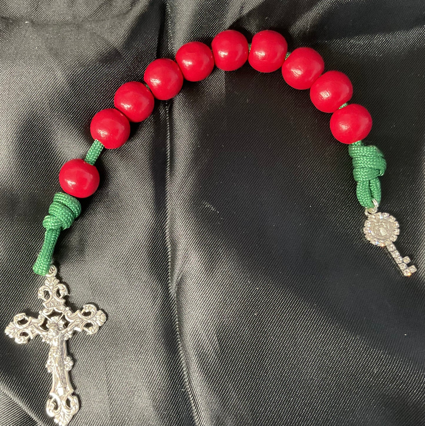 One Decade Rosary with Red Beads and Green Cord