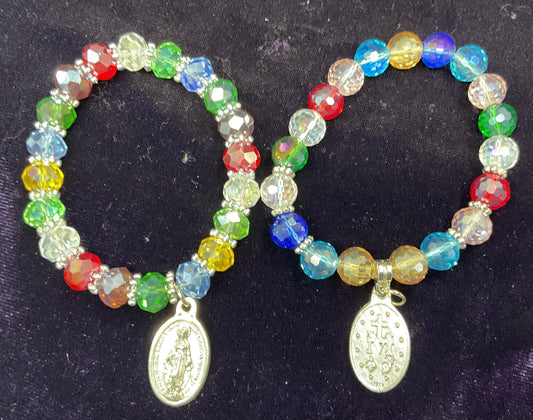 Multi Color Crystal Stretch Bracelet with Miraculous Medal
