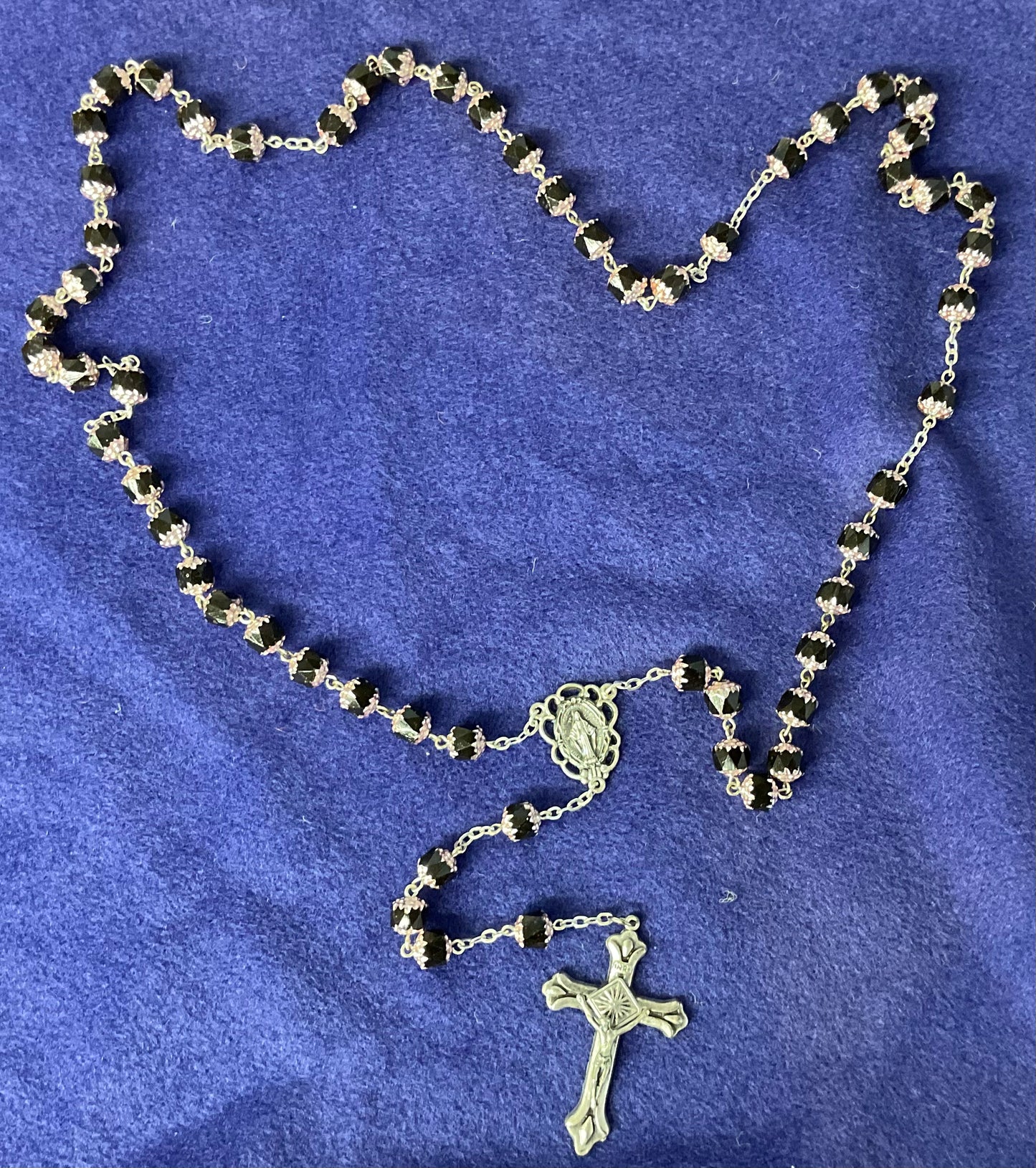 Black Cut Crystal Rosary with Rose Pink Caps