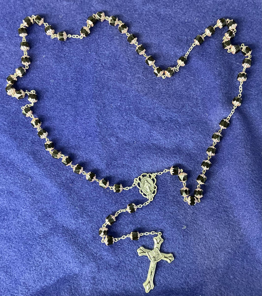 Black Cut Crystal Rosary with Rose Pink Caps