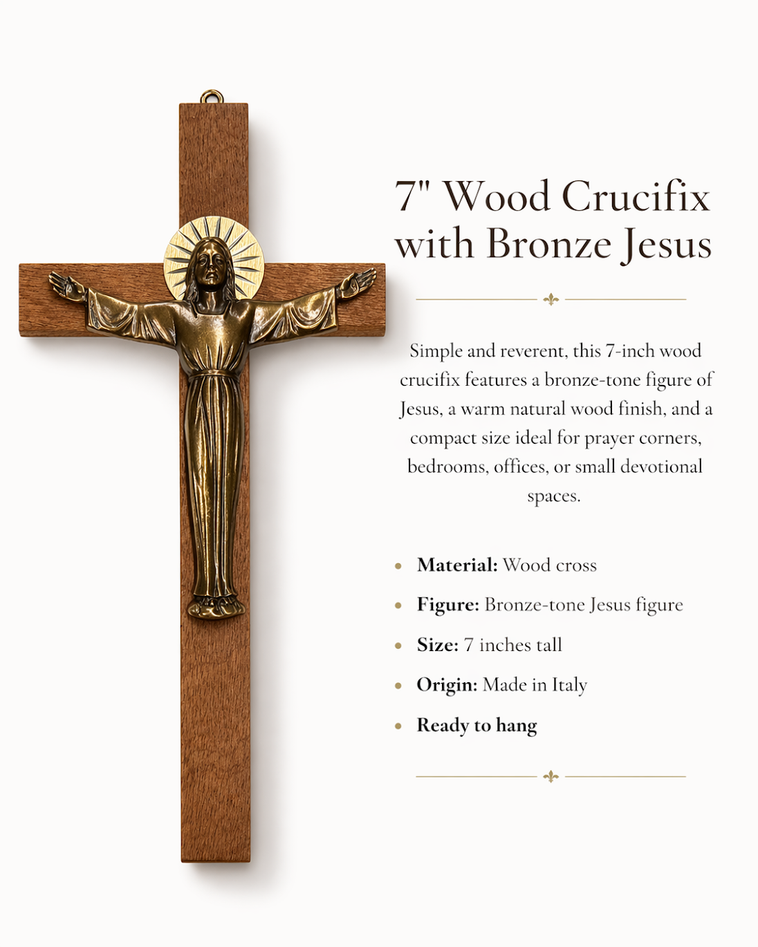 7” Wood Crucifix with Bronze Jesus - Made in Italy