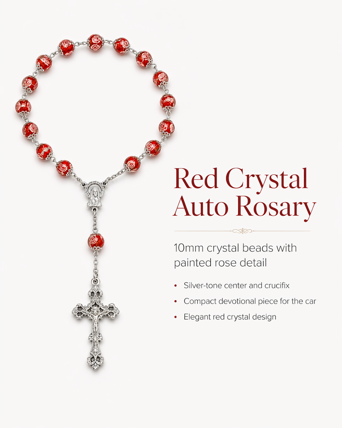 Red Crystal Auto Rosary with Painted Rose Beads