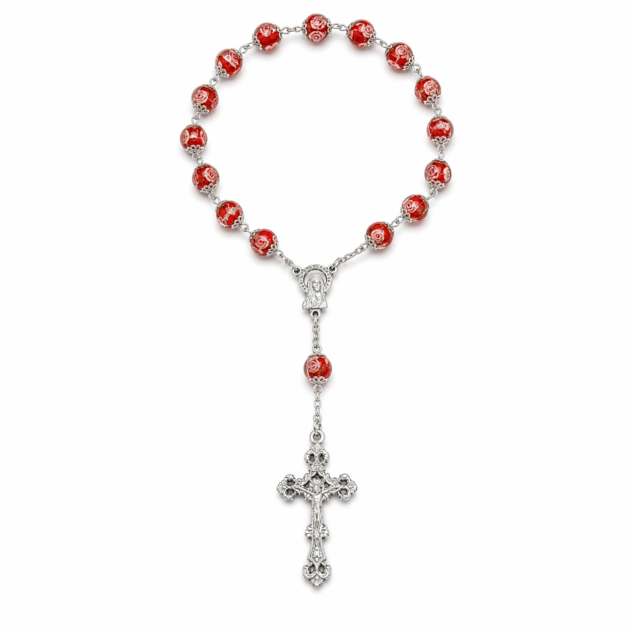 Red Crystal Auto Rosary with Painted Rose Beads