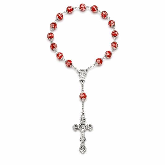 Red Crystal Auto Rosary with Painted Rose Beads